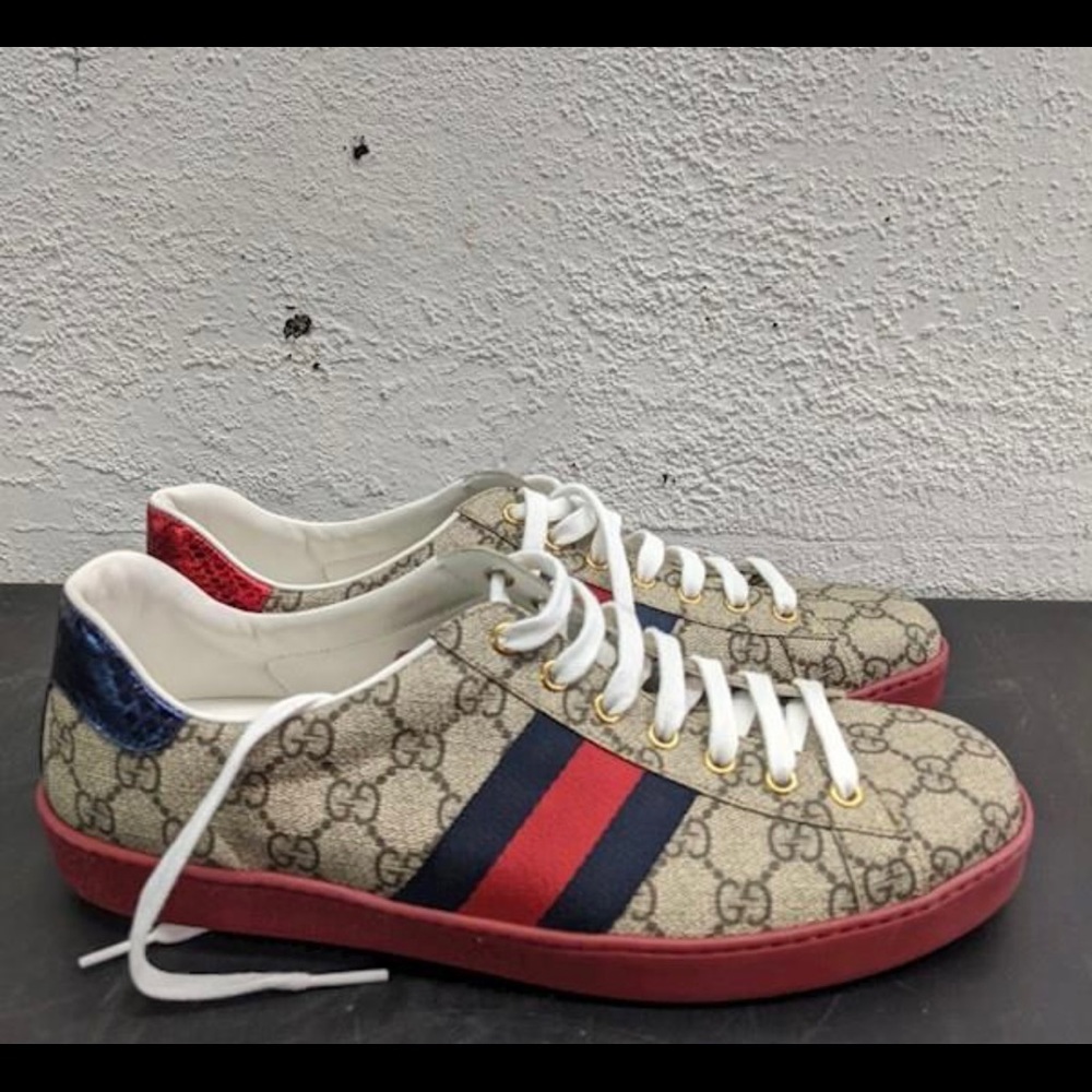 Gucci Beige GG Monogram Sneakers with Red and Black Web - Picture 8 of 9